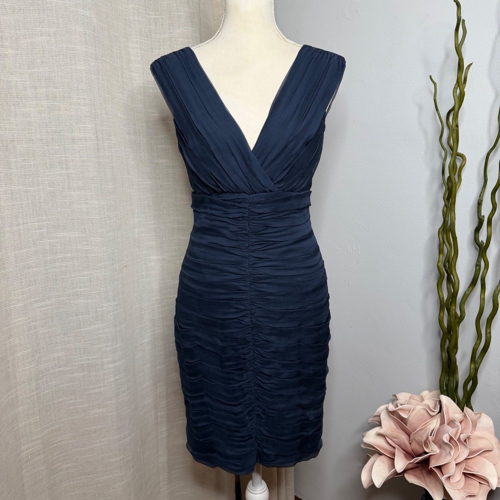 Cache Luxe Silk Bodycon Dress Ruched Plunge‎ V Neck Navy Blue Women's Size 2